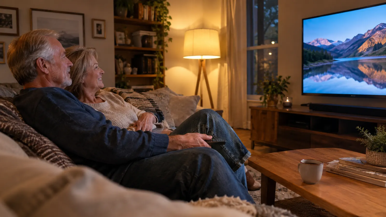 A couple relaxing together on a couch while watching television in the evening