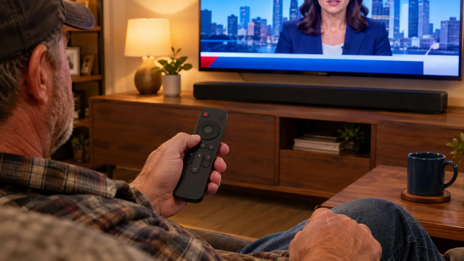 Hand holding a soundbar remote with large buttons in a living room