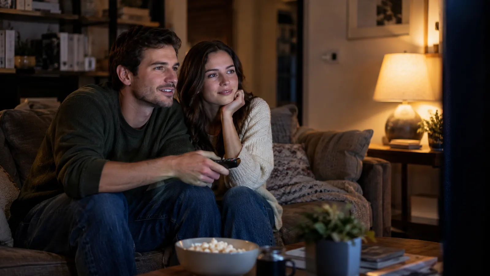 Couple watching television together on a couch in the evening