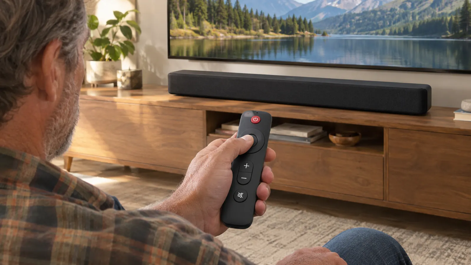 A hand using a compact soundbar remote with large buttons, the soundbar on a media stand in front of a TV