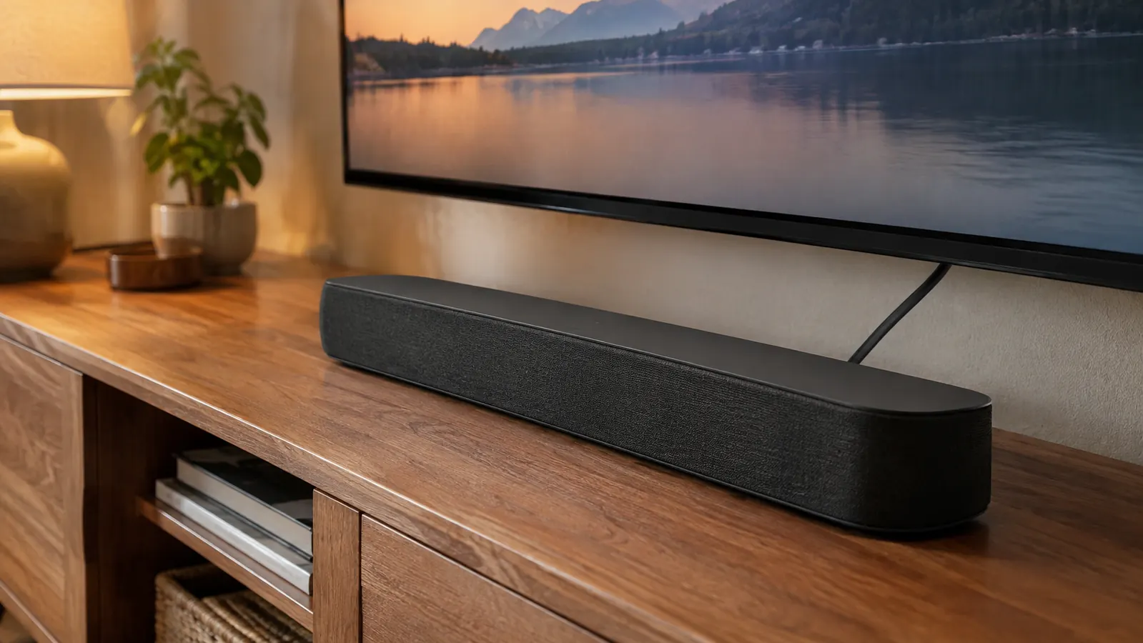 A close view of a compact soundbar on a wooden media stand below a large TV, a single cable running from the back of the soundbar